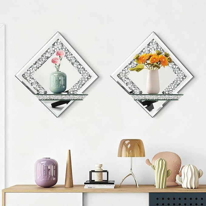 Pibeyer Mirrored Candle Sconces with Acrylic Diamond, Crushed Diamond Wall Candle Holders, Home Décor