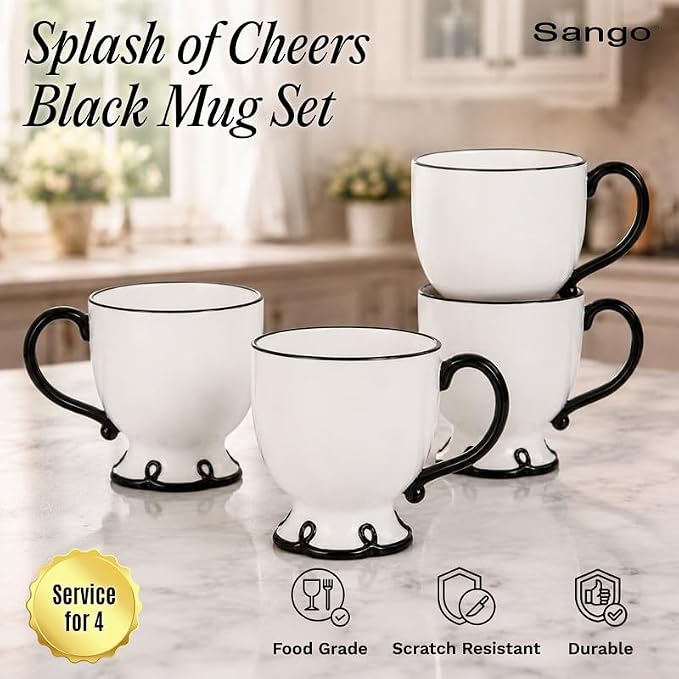 SANGO Splash of Cheers Large Mugs Set of 4, 16 oz Stoneware Black and White - Image 2
