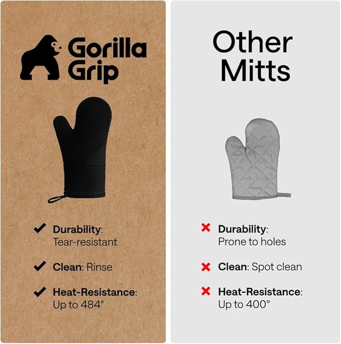 GORILLA GRIP BPA-Free Soft Silicone Oven Mitts, 14.5x8.3, Heat Resistant and Waterproof Cooking Gloves, Thick Cotton Lining, Flexible Gripping for Baking Grilling, Kitchen Potholders Set of 2, Black
