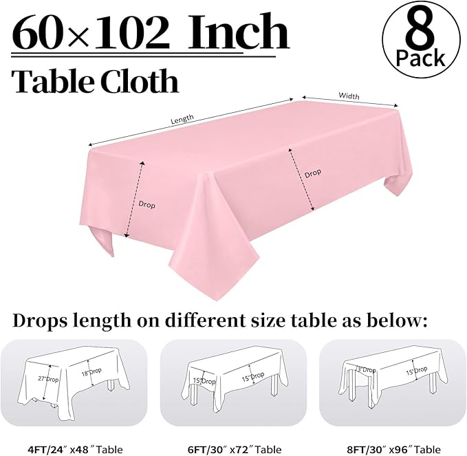 8 Pack Pink Tablecloth 60 x 102 Inch Rectangular Valentine’s Day Table Cloth for 6 Foot Rectangle Tables, Wrinkle Resistant Washable Polyester Fabric Table Covers for Wedding Party Banquet Buffet