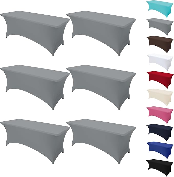 6Pack 6FT Table Cloth for Rectangular Fitted Events Stretch Grey Table Covers Washable Spandex Tablecloth Protector for Party, Wedding, Cocktail, Banquet, Festival