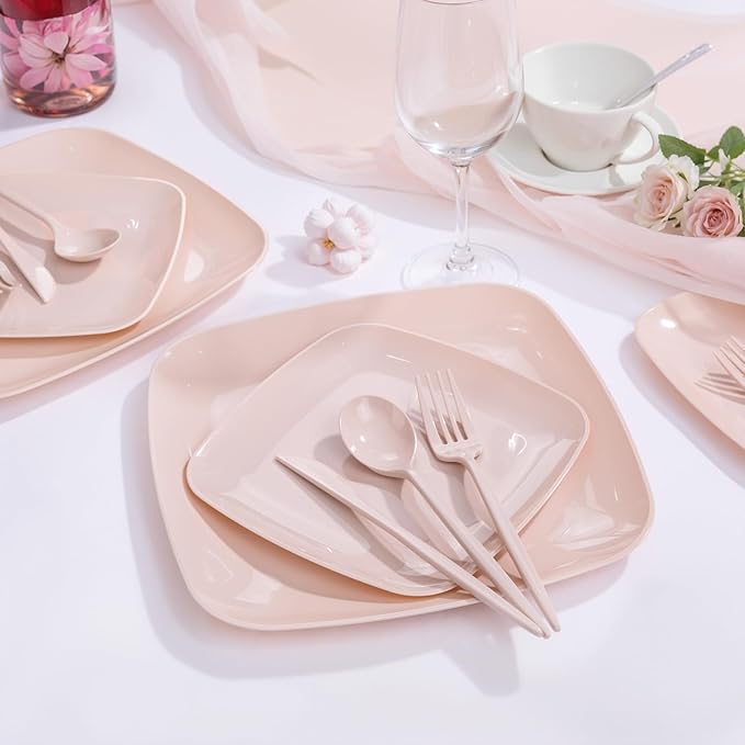 PULOTE 60PCS Pink Square Plastic Plates Disposable - Premium Quality Pink Set Include 30 Dinner / 30 Dessert Plates for Party, Wedding & Valentines Day