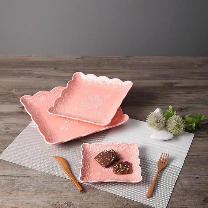 YBKTEX Ceramic Plate, Square Embossed Lace Plate - Image 5