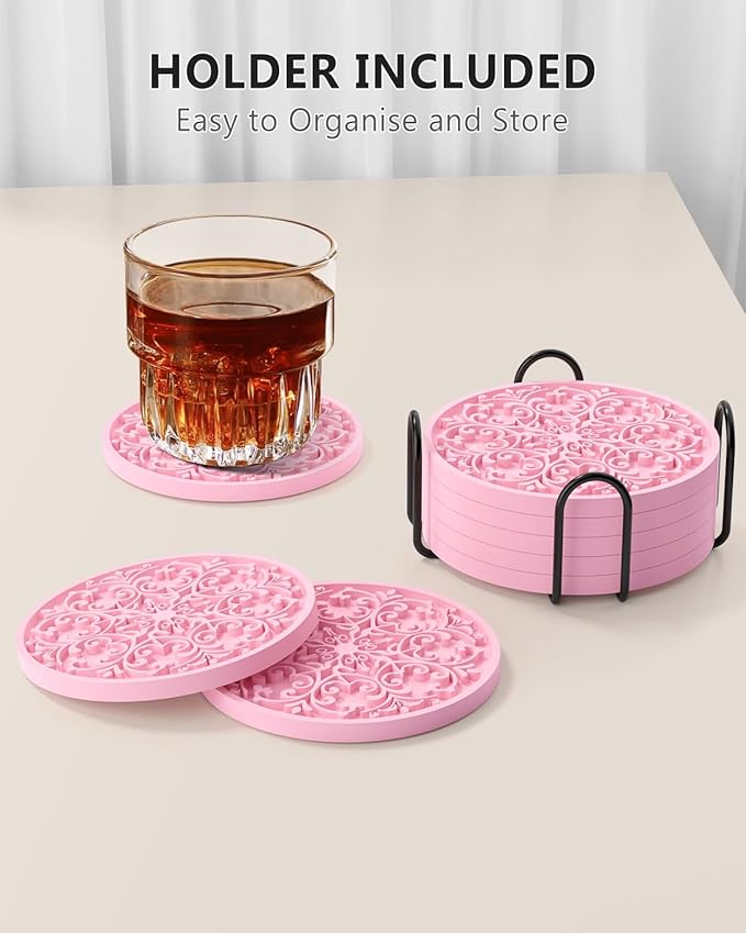 Drink Coasters, Coasters Set of 6 for Cup with Holder, Non-Slip Silicone Cup Mats for Hot and Cold Drinks, Cute Absorbent Coffee Bar Accessories Table Decor, Pink