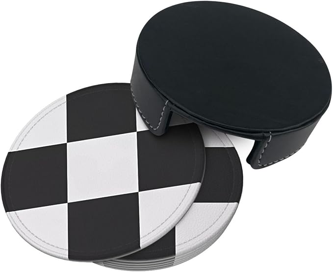 6 Pcs Black and White Checker Leather Coasters - Image 4