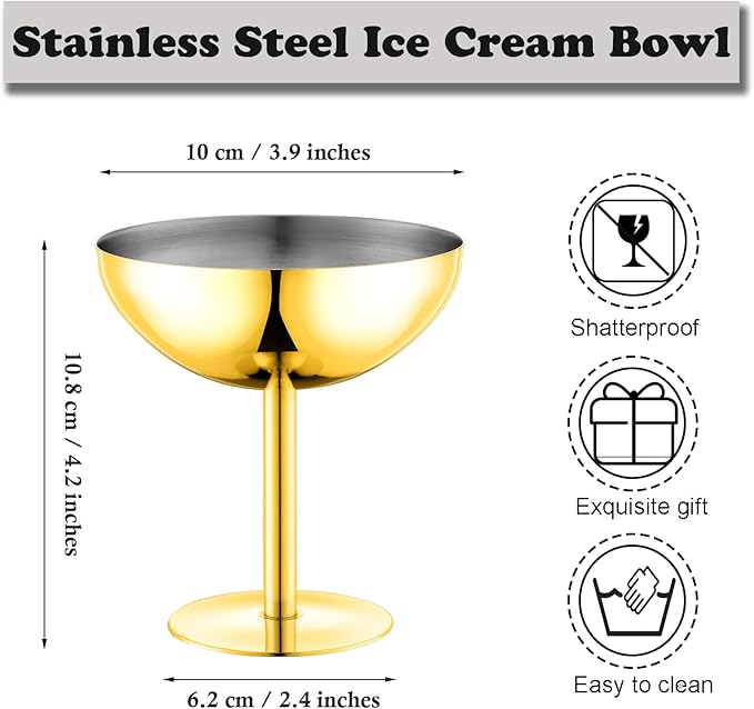 Ice Cream Bowls Stainless Steel Dessert Cups with Spoons Reusable Footed Sundae Cups Ice Cream Cups for Dessert, Frozen Yogurt, Gelato, Birthday Party Decorations (1, Glod)