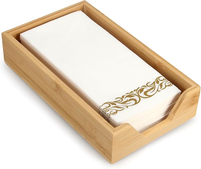 Guest Towel Holder Tray for Bathroom and Table - Modern Bamboo Napkin Holder for Farmhouse Bar and Party