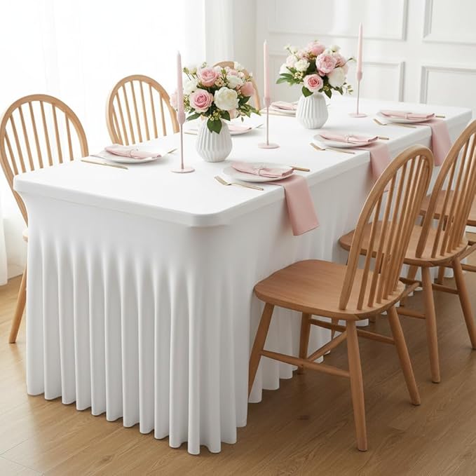6FT White Rectangle Tablecloth with Elastic Table Skirt – Wrinkle-Free Spandex Stretch Fitted Table Cover for Wedding Birthday Party Banquet Buffet Restaurant Event