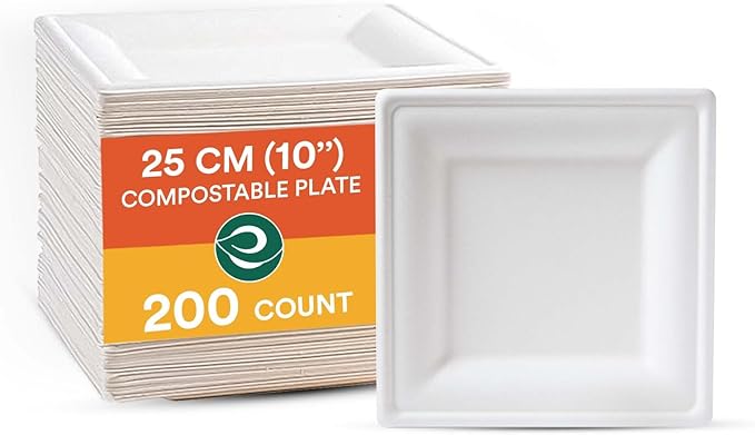 ECO SOUL 100% Compostable Square Paper Plates 10 Inch [200-Pack] Biodegradable Heavy Duty Eco-Friendly Disposable Plates for Dinner, Parties, Wedding & Event(White)