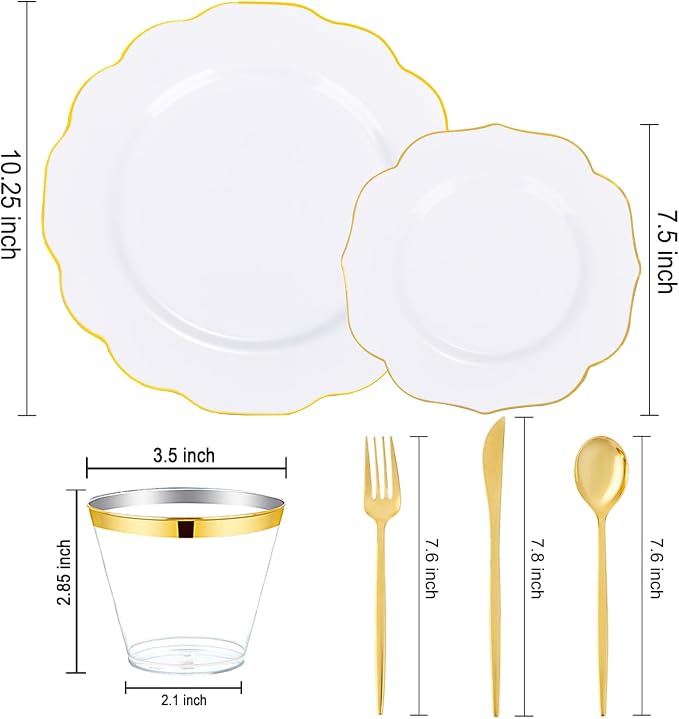 bUCLA 180PCS White and Gold Plastic Plates Disposable - Image 2