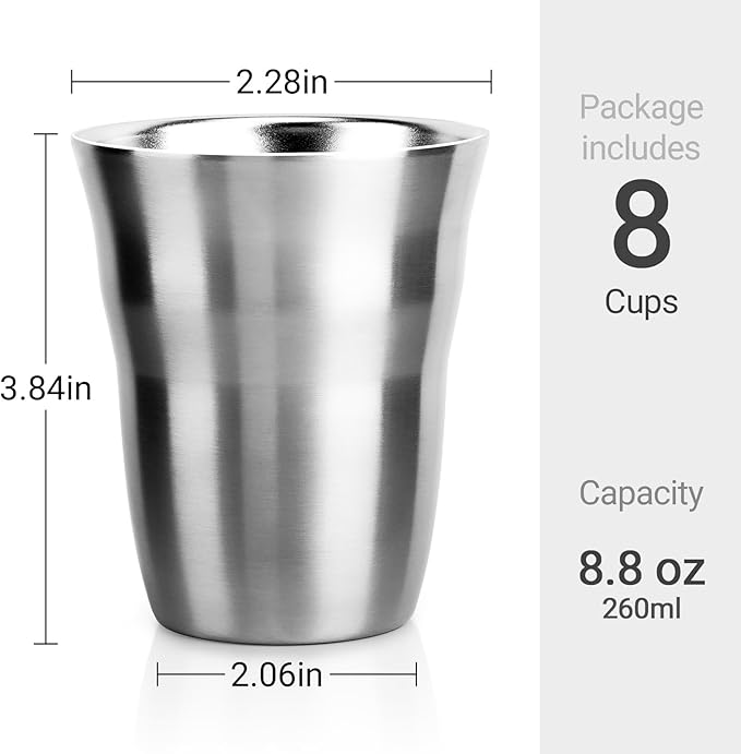 Beasea Stainless Steel Cups 8.8 oz, 8 Pack Small Stainless Steel Tumbler Bulk Stackable Insulated Mini Cups for Drinking Double Wall Metal Glasses Tin Cups for Office Home Party Camping