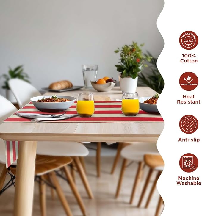Folkulture Fall Table Runner 72 Inches Long | White & Red Vertical Striped | - Image 3