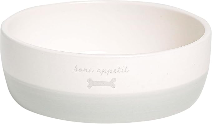 Pearhead Ceramic Bone Appétit Dog Bowl, Holds 2 Cups, Stoneware Food and Water Dish, Grey and White Pet Feeder, Small/Medium