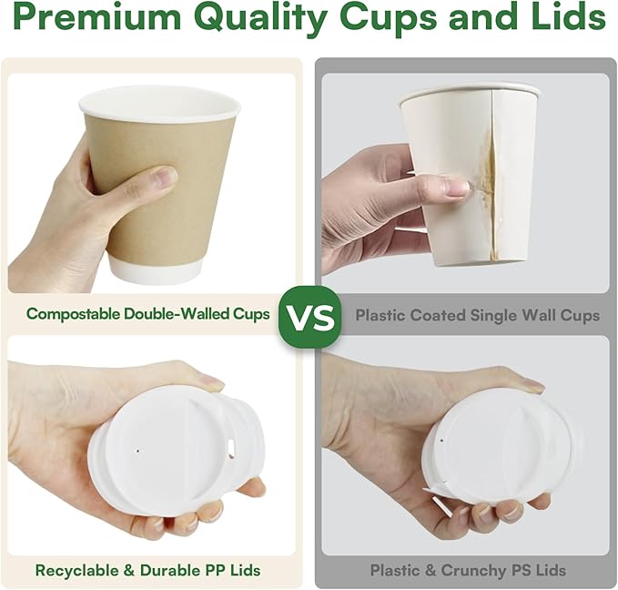 Disposable Coffee Cups with Lids 16 oz To Go Hot Cups,20 Pack Double Wall Paper Cups with Lids, BPI Compostable PLA Coated Natural Kraft Insulated Disposable Cups for Togo Office Cafe Party Travel