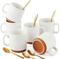 6 Set Ceramic Coffee Mugs with Gold Spoons, 8.8 oz Textured Ribbed Coffee Cups by Ferrochef