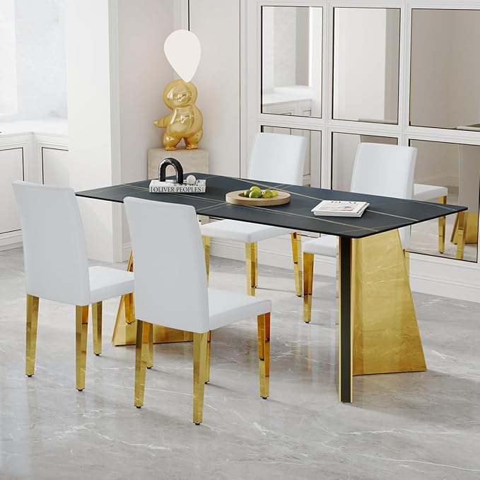 White Dining Chairs Set of 4,Faux Leather with Gold Metal Legs,Armless Kitchen Room Chairs Set of 4,Max Load 300 Lbs,High Back Modern Design for Home Kitchen Living Room Bedroom