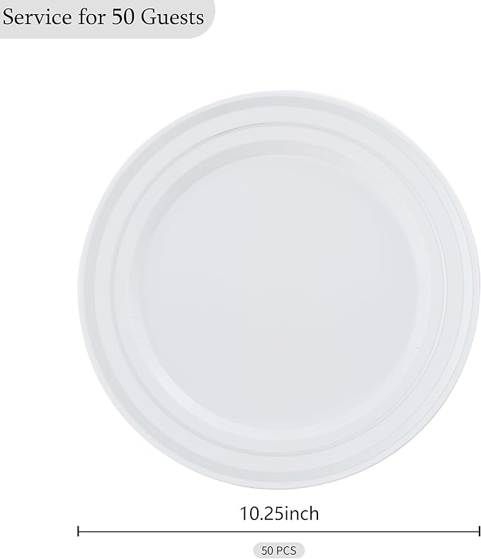 50 PCS Silver and White Plastic Plates for 50 Guests,10.25inch Silver Rimmed White Disposable Plastic Plates for Wedding,Party,Birthday,Smooth Edge & Heavy Duty Dinner Plate
