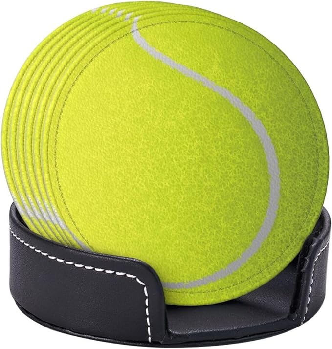 Tennis Ball Coasters for Drinks with Holder Round Leather Coasters Set of 6 Cups Mugs Mat Pad for Home Kitchen Bar