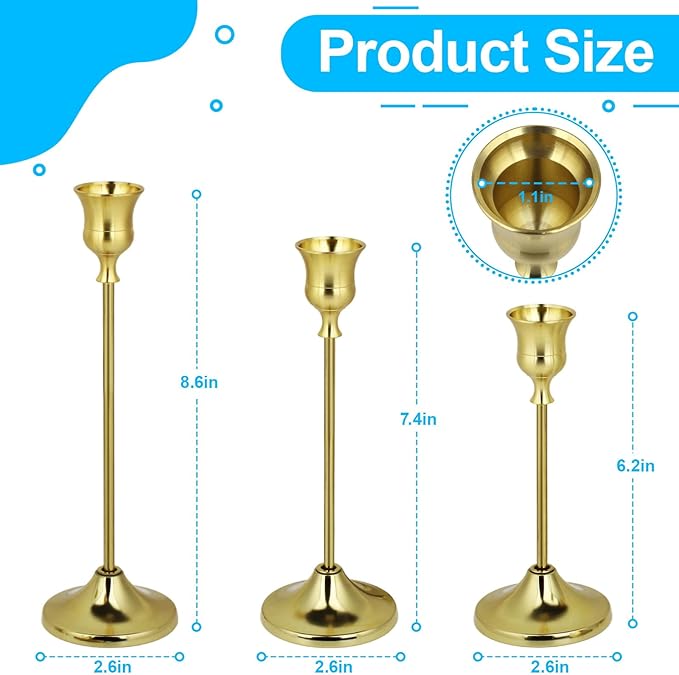 3PCS Candlestick Holders, Brass Gold Taper Candle Holders, Metal Vintage Candle Stick Holders for Table and Mantel Decorations, Home Decor Centerpieces for Dinning, Wedding and Party