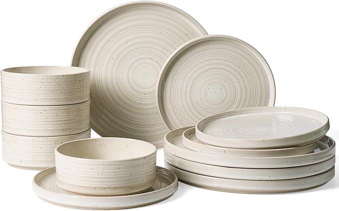 Stoneware Dinnerware Sets, Plate and Bowl Sets for 4, 12 Pieces Spiral Straight Dishware with Speckles and Reactive Glaze, Microwave Dishwasher Safe Family Tableware, Shell Beige
