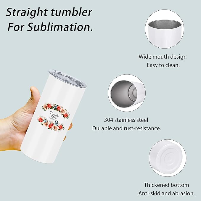 15 Oz Sublimation Skinny Tumbler Set, Straight Skinny Stainless Steel Tumbler Set for Sublimation with Lids, Insulated Skinny Slim Water Tumbler for Diy, White