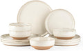 AmorArc Ceramic Dinnerware Sets for 4, 12 Pieces Handpainted Plates and Bowls Set with Rustic Terracotta Underside, Scratch Resistant Stoneware Dishes Set, Dishwasher & Microwave Safe, Beige