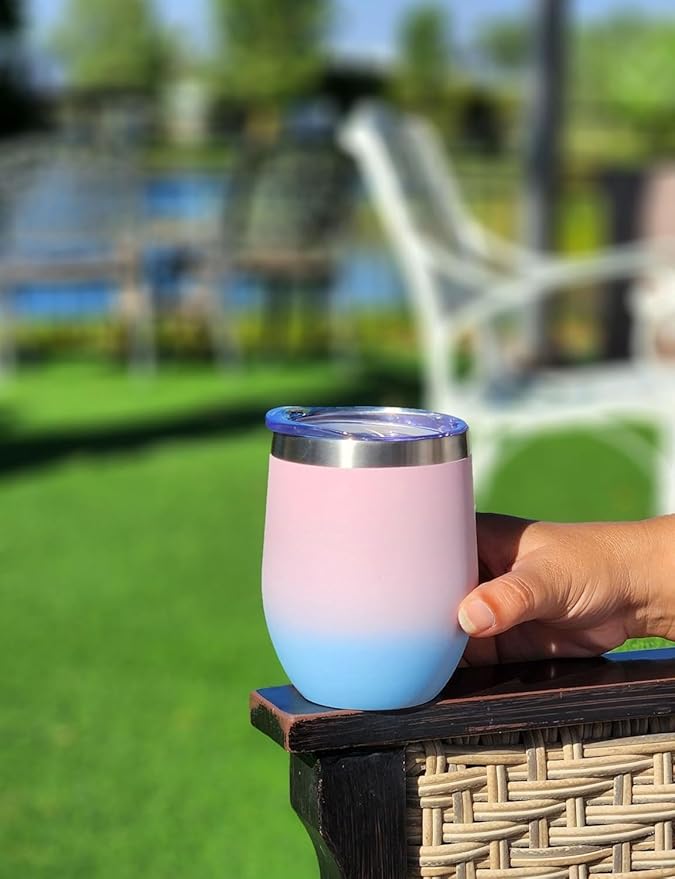CHILLOUT LIFE 12 oz Stainless Steel Wine Tumbler with Lid - Double Wall Vacuum Insulated Wine Cup Glass Keeping Cold & Hot for Coffee, Champagne, Cocktails, Ice Cream - Powder Coated Pink/Teal