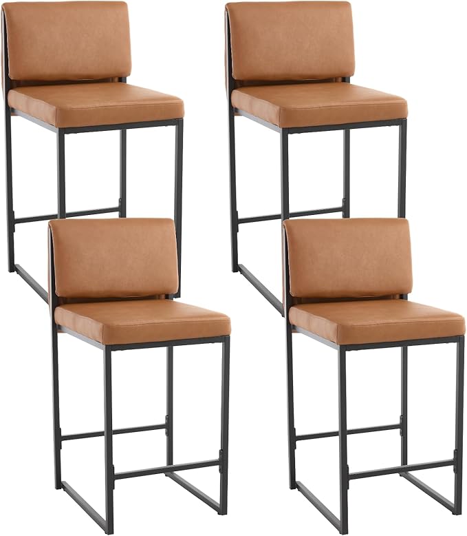 Modern Barstools Set of 4, 26” Upholstered Counter Height Bar Stools PU Leather Fabric Counter Stools with Padded Back Metal Frame for Kitchen Island Dining Room, Brown