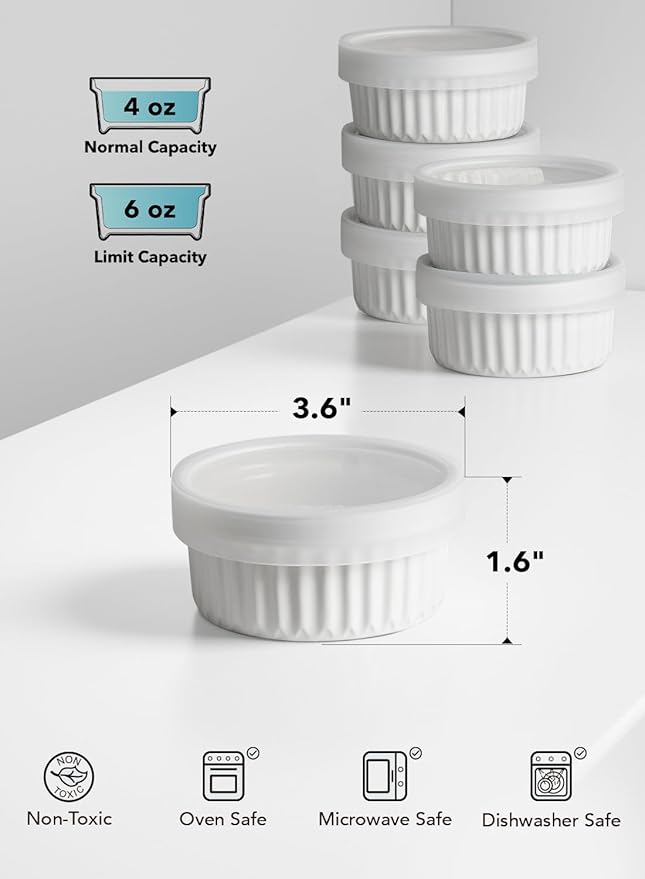 LE TAUCI Ramekins with Silicone Lids, 4 OZ Ceramic Soufflé Dishes, Ramekin Bowls for Crème Brûlée, Dessert, Dips, Oven & Microwave Safe, Set of 6, White