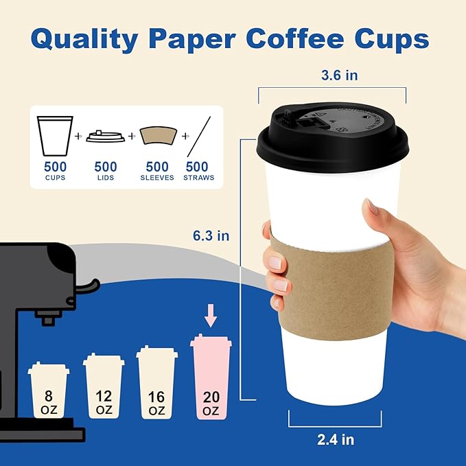 20 oz 500 Pack Coffee Cups with Lids and Sleeves, Straws, Hot Disposable To Go Travel Paper Cups Bulk for Office, Home Coffee Bar Accessories, Chocolate, Cocoa, Beverage (White)