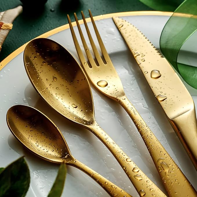 32 Piece Gold Silverware Set for 8,Modern Unique 18/10 Stainless Steel Flatware Cutlery Set, Eating Tableware Set,Vintage Luxury Style Cutlery Set for Home Restaurant Wedding Party