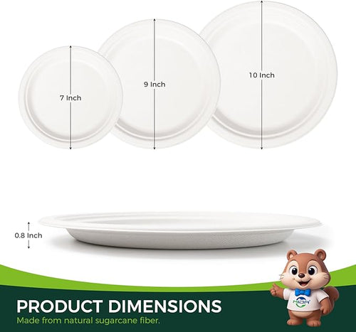 100% Compostable Plates - 125-Count Heavy Duty Disposable 10-Inch Plates Made of Bagasse - Eco-Friendly and Sustainable