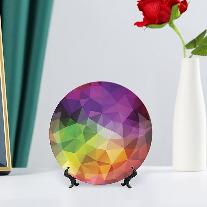 Ceramic Plates, Abstract Decor Decorative Ceramic Plates, Colorful Abstract Geometric Triangular Polygons Creative, 6 Inch, for Dining, Parties, Wedding, Multy
