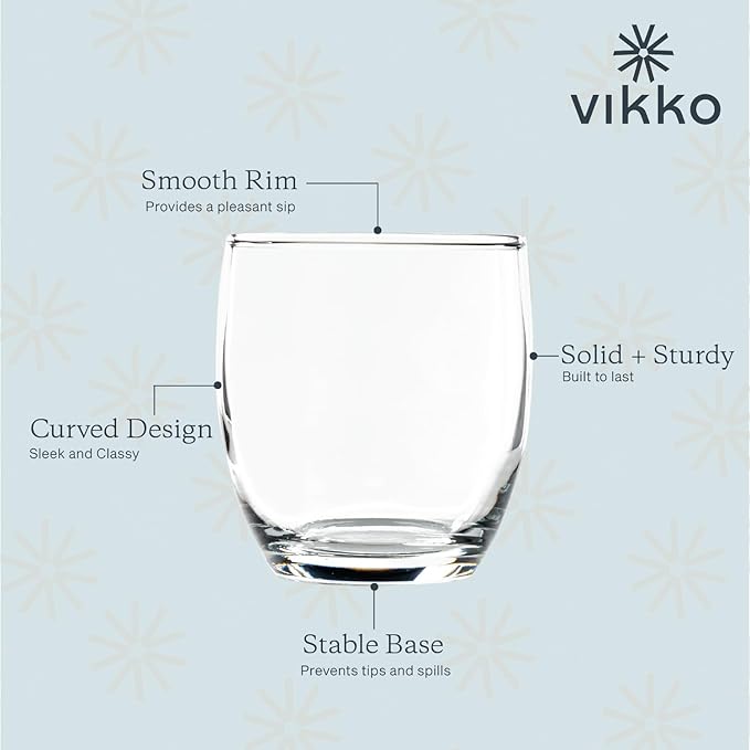 Vikko Mini 7 Ounce Drinking Glasses, 2.9” Diameter x 3.2” Thick and Durable Glass, For Water, Juice, Soda, or Wine, Dishwasher Safe, Set of 6 Small Clear Glass Tumblers