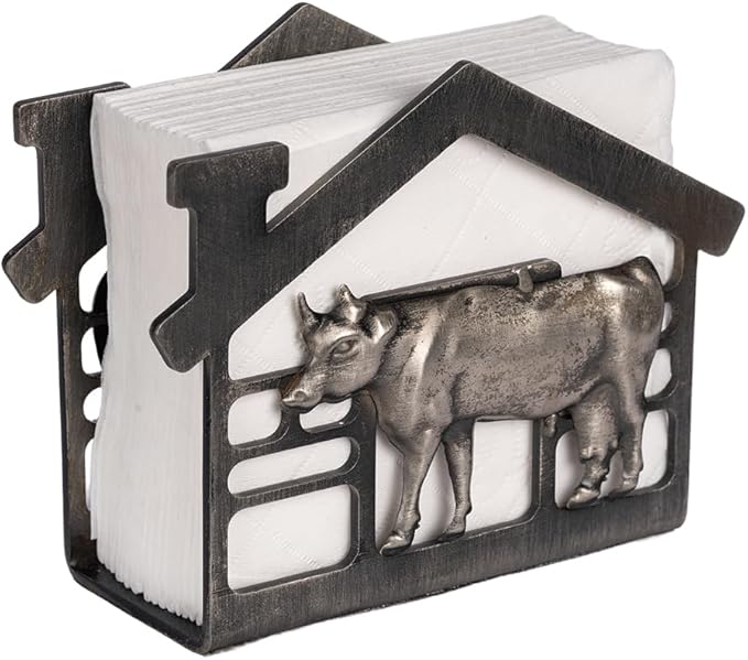 Metal Napkin Holder for Table, Antique Cow Farm Style, Rustic Vertical Tissue Napkins Holder for Paper Napkins (Cow/Black)
