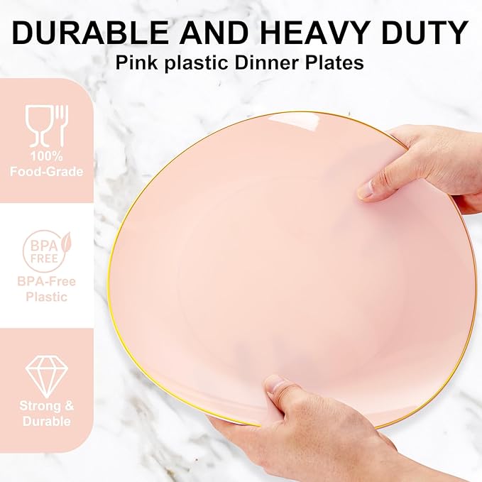 YOUBET 175PCS Pink Plastic Plates - Pink and Gold Disposable Plates Include 50 Plastic Plate, 75 Silverware, 25 Cups, 25 Napkins for Wedding & Party & Birthday Valentines Day