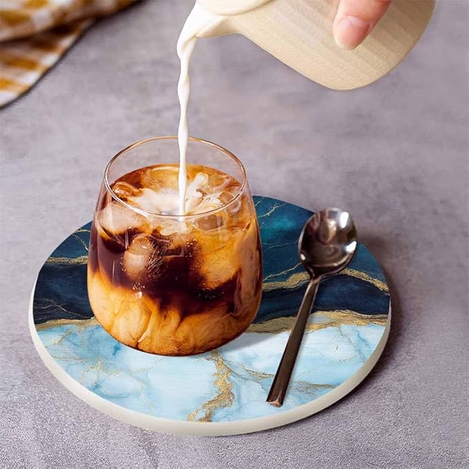 Blue Marble Cup Coasters Set of 2 Fake Stone Liquid Texture Abstract Background Wooden Table Apartment Decor 100% Diatomite for Drinking Glasses,4 Inches