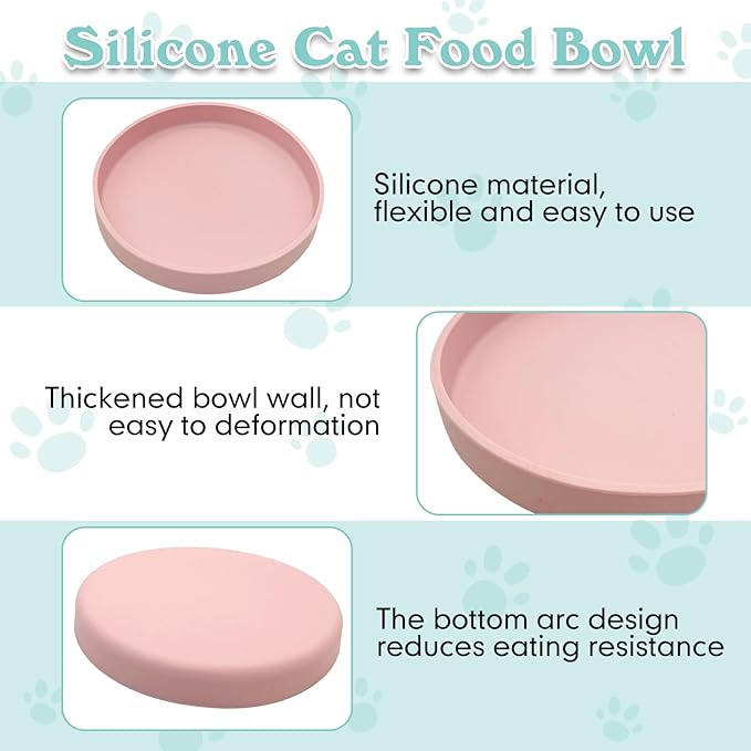 Silicone Dog Bowl Shallow Cat Food Bowls 7" Wide Puppy Plates Whisker Fatigue Pet Feeding Dishes Set of 2 for Dry Food and Wet Food Indoor (Round Pink)