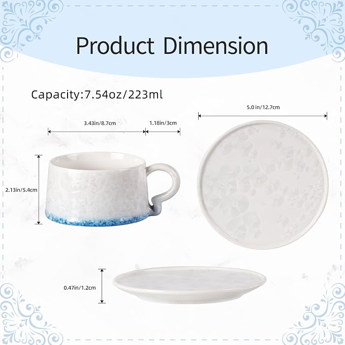 KAMMAK Tea Cups and Saucers Set of 2, 7.5 oz Glaze Coffee Mugs, 724N | - Image 2