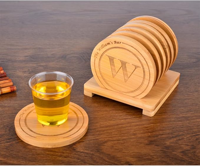 Personalized Bamboo Coasters, Custom Engraved Monogram Coasters with Holder, Great Gifts for Relatives, Friends or Yourself (Set of 6)