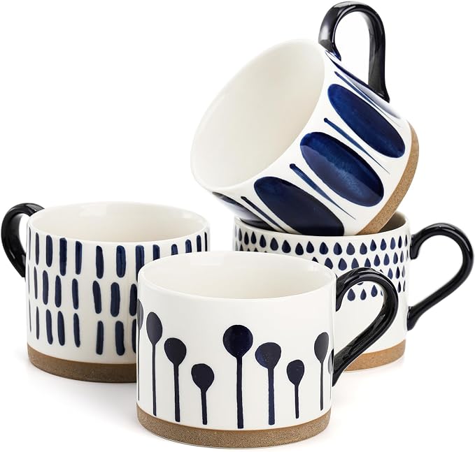 SOUJOY Set of 4 Large Ceramic Coffee Mugs, 15 Oz Hand Painted Coffee Cups by SOUJOY