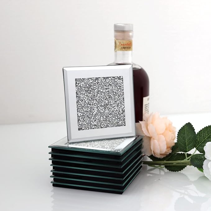 GIMORRTO Glass Mirrored Coaster 8 PC, Crushed Diamond Square Cup 4" Mat Decor by GIMORRTO