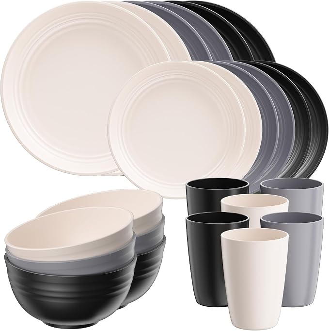 Quatish 24 Pcs Unbreakable Plates and Bowls, Plastic Dinnerware Sets by Quatish