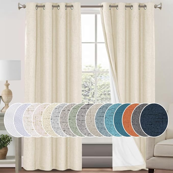 PrinceDeco 100% Blackout Curtains 96 Inches Long 2 Panels Sets Linen Black Out Curtains for Bedroom Thermal Curtains Room Darkening with White Liner Backing for Nursery Decor,52X96 Inch,Bleached Sand