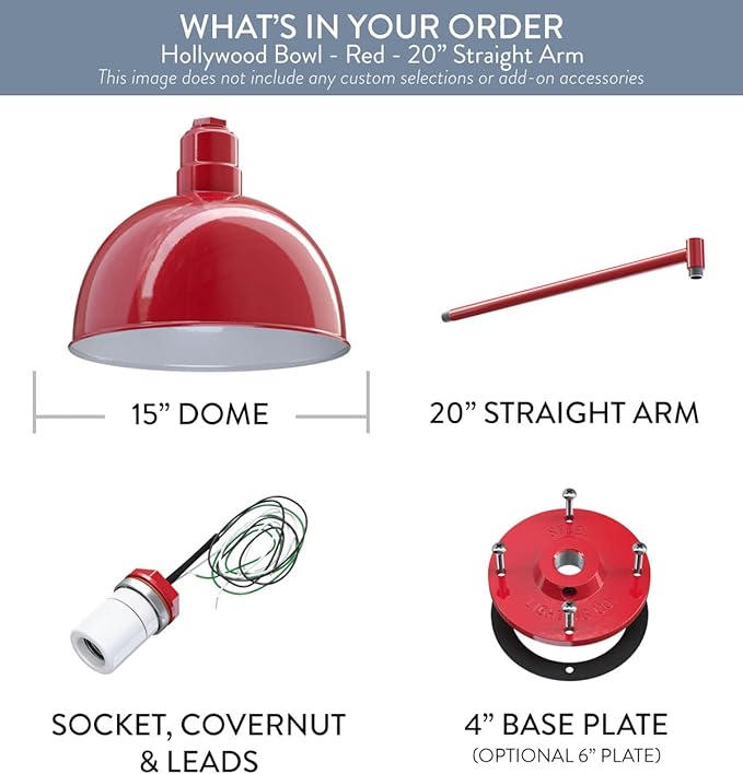 Steel Lighting Co. Hollywood Bowl Light | Outdoor Wall Mounted | 15 inch Bowl Dome | 20 inch Straight Arm | Barn Light Made in America | Red Exterior/White Interior