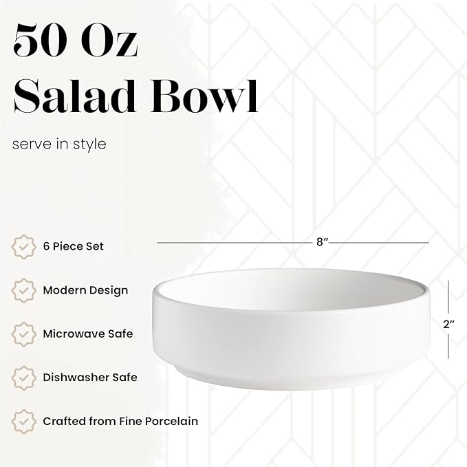 Vikko Modern Salad Bowls, Set of 6 Matte White Porcelain Bowls, Stackable 50 oz Elegant Restaurant Style Salad Bowl Set, Microwave and Dishwasher Safe