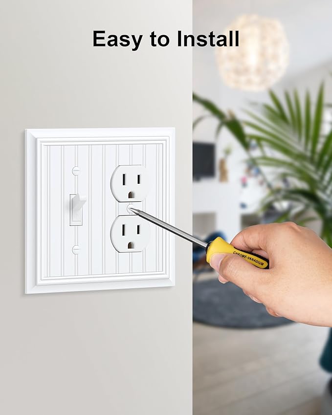 2-Pack Classic Beadboard Combo Toggle/Duplex Light Switch Cover Plate, Pure White Outlet Cover Plate, Natural Bamboo Fiber Decorative Wall Receptacle Cover for Electrical Outlets, Light Switch