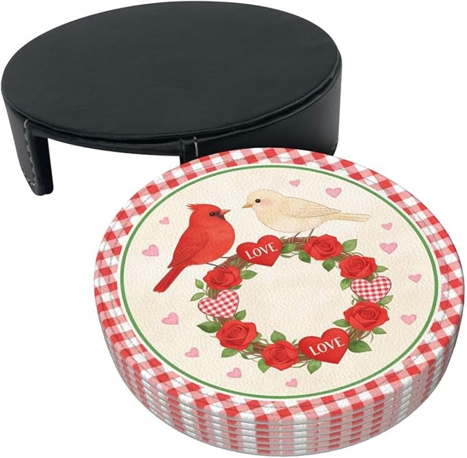 Love Rose with Birds Leather Coasters Set of 6 with Holders - Image 3