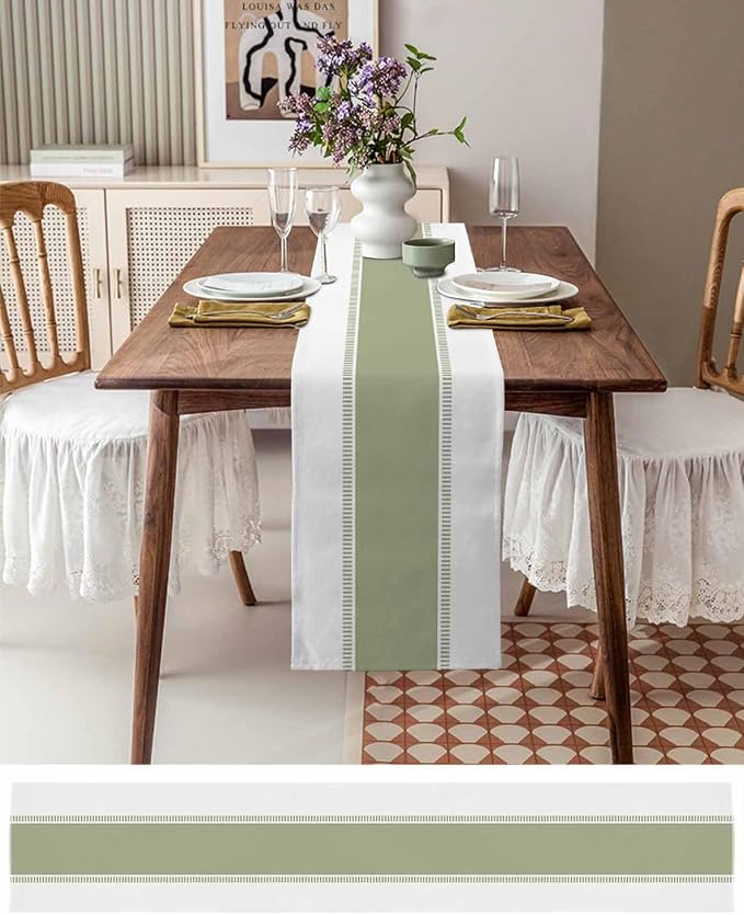 Sage Green Stripe Table Runners 120 inches Long, Linen Boho Table Runner - Image 3