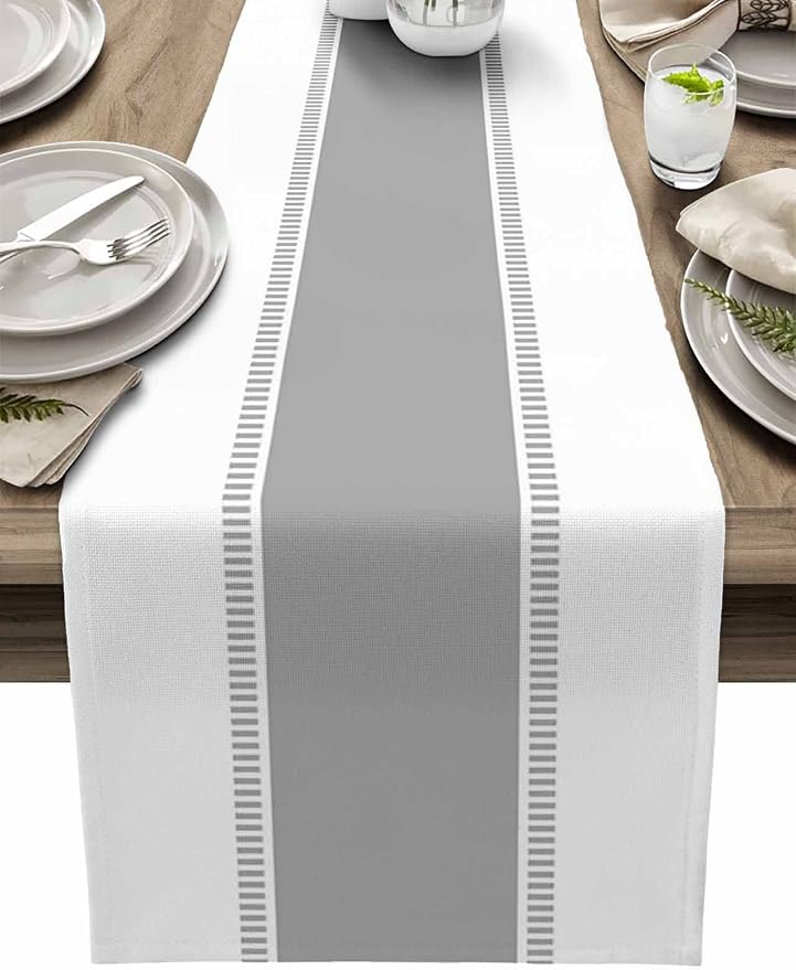 Farmhouse Grey Table Runners 108 inches Long, Stripes Linen Table Runner by Futuregrace